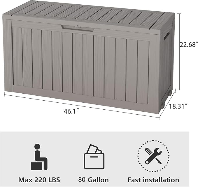 Outdoor Storage Box, Resin Deck Boxes Indoor and outdoor, Waterproof Storage Box Lockable Lid (Grey, 85 Gallon)