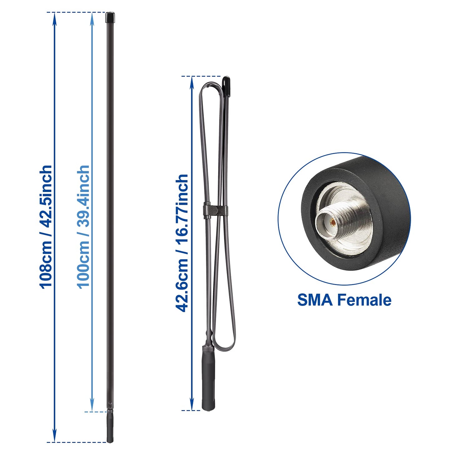 Bingfu Dual Band VHF UHF 136-460MHz 108CM Foldable CS Tactical SMA Female Aerial Antenna for Wouxun Baofeng BF-F8HP UV-5R UV-82 BF-888S GT-3 Handheld Ham Two Way Radio Walkie Talkie