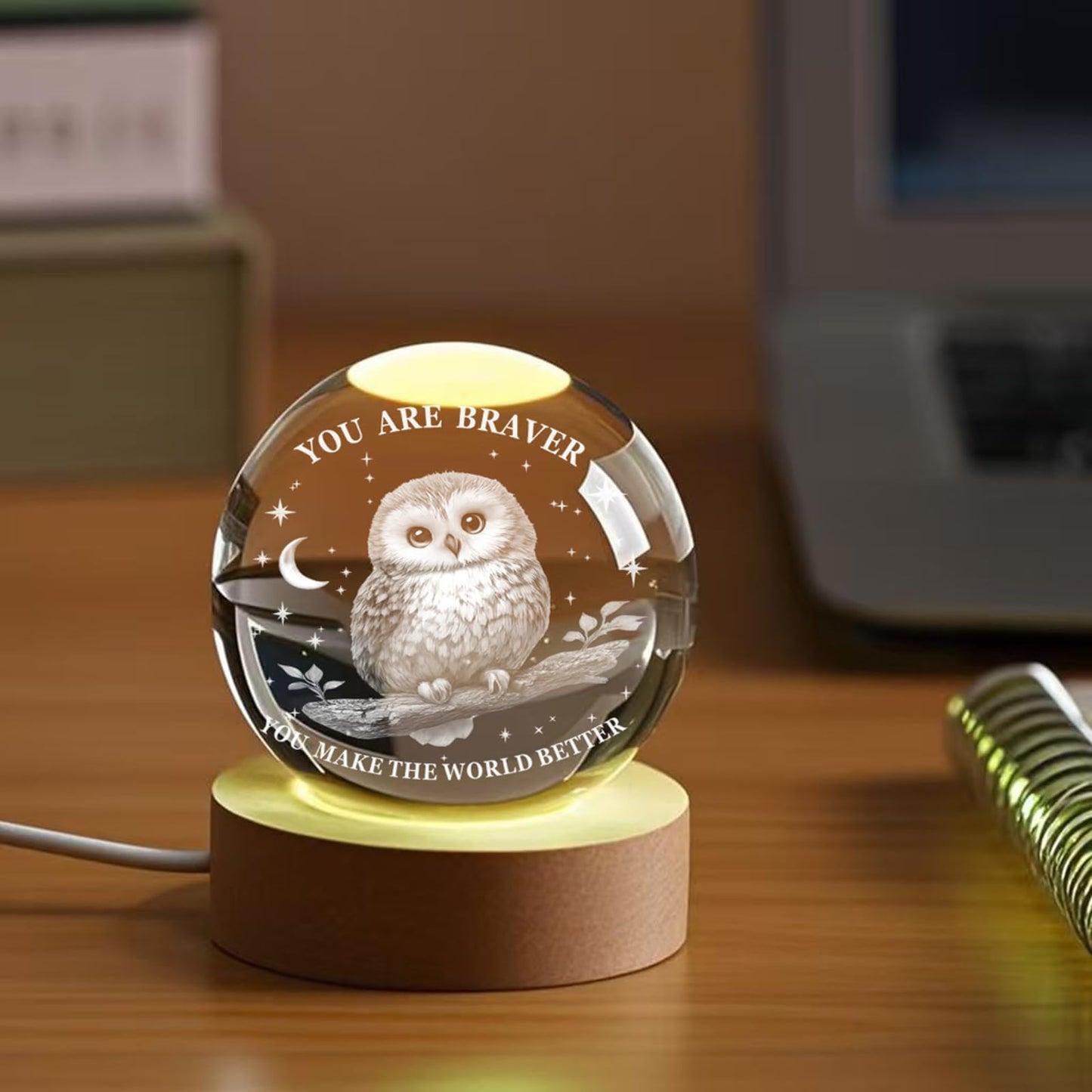 YouerCrystal 3D Owl Lamp,2.36In (60mm), Wood LED Base,Owl Gifts