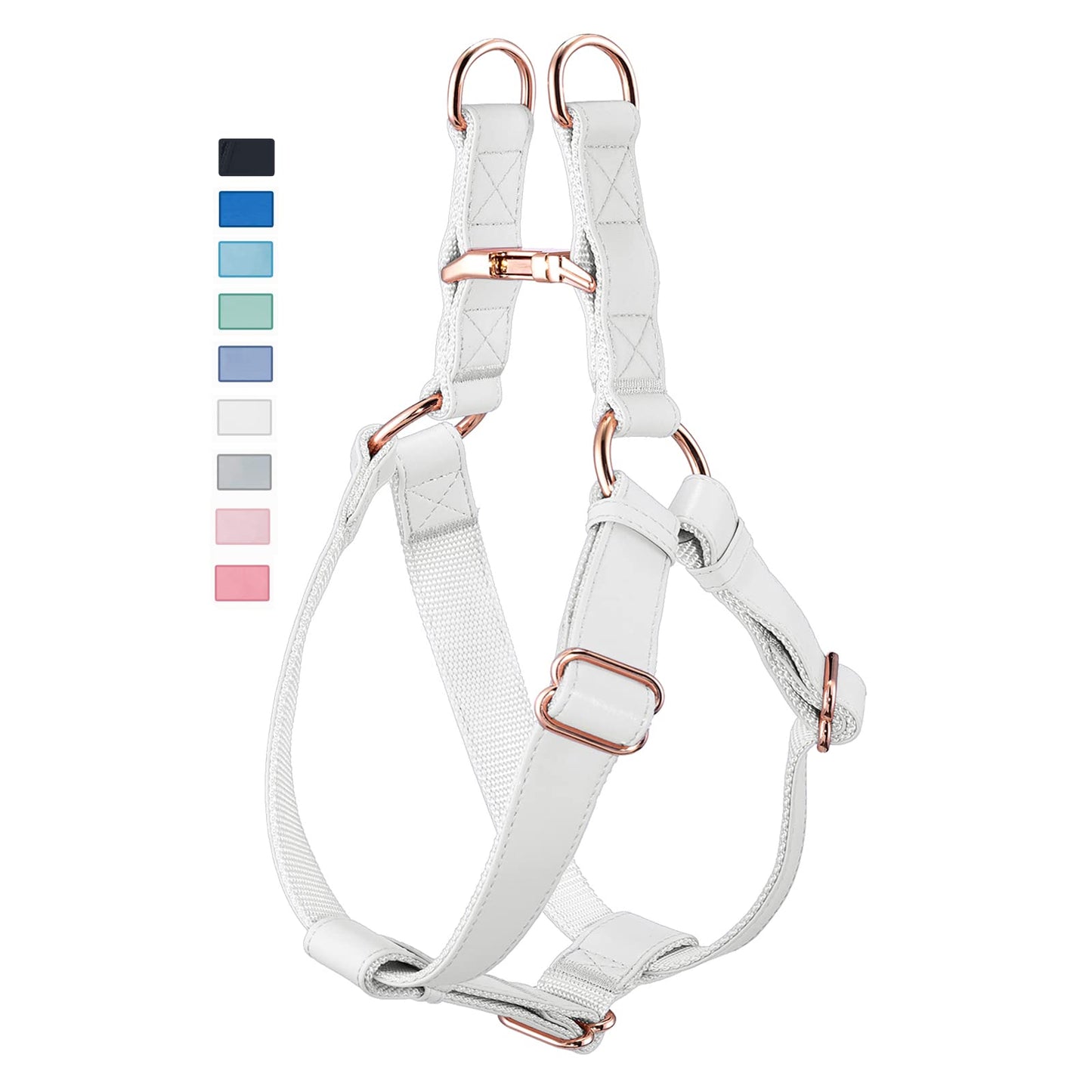 Soft Leather No Pull Dog Harness - Adjustable Step in Dog Harness with Rose Gold Heavy Duty Metal Buckle, Freedom Nylon Dog Halter Vests for Small Medium Large Dogs Easy Walking Training (White,L)