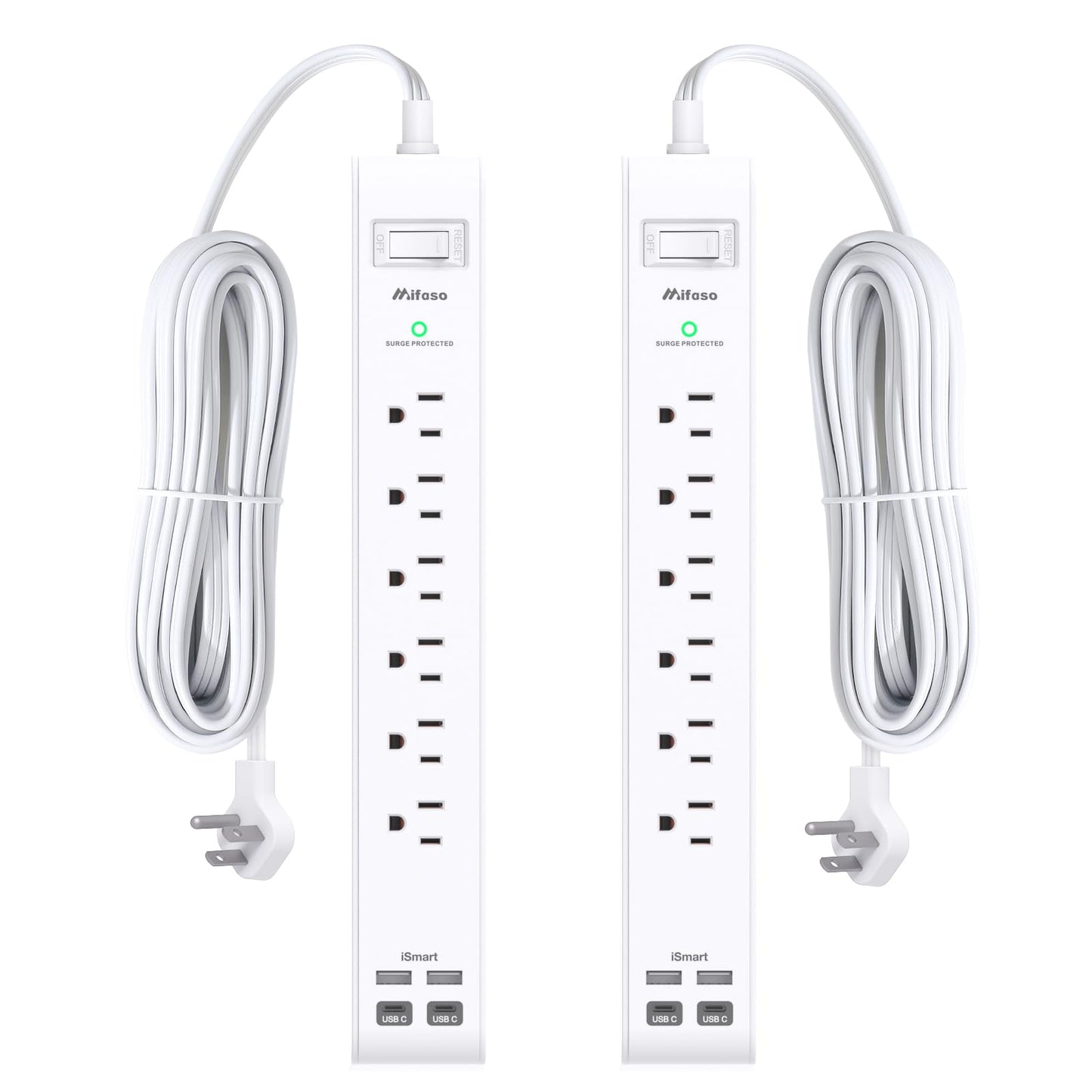2 Pack Power Strip, 12FT Long Extension Cord, Surge Protector with 6 Outlets and 4 USB Ports (2 USB C), Flat Plug Overload Protection, Extension Cord 10+ ft, Wall Mount for Home Office Dorm College