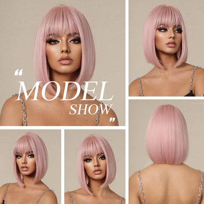 OUFEI Pink Bob Wig With Bangs Short Straight Wig For Women Synthetic Hair Wigs for Daily Party Cosplay Wear