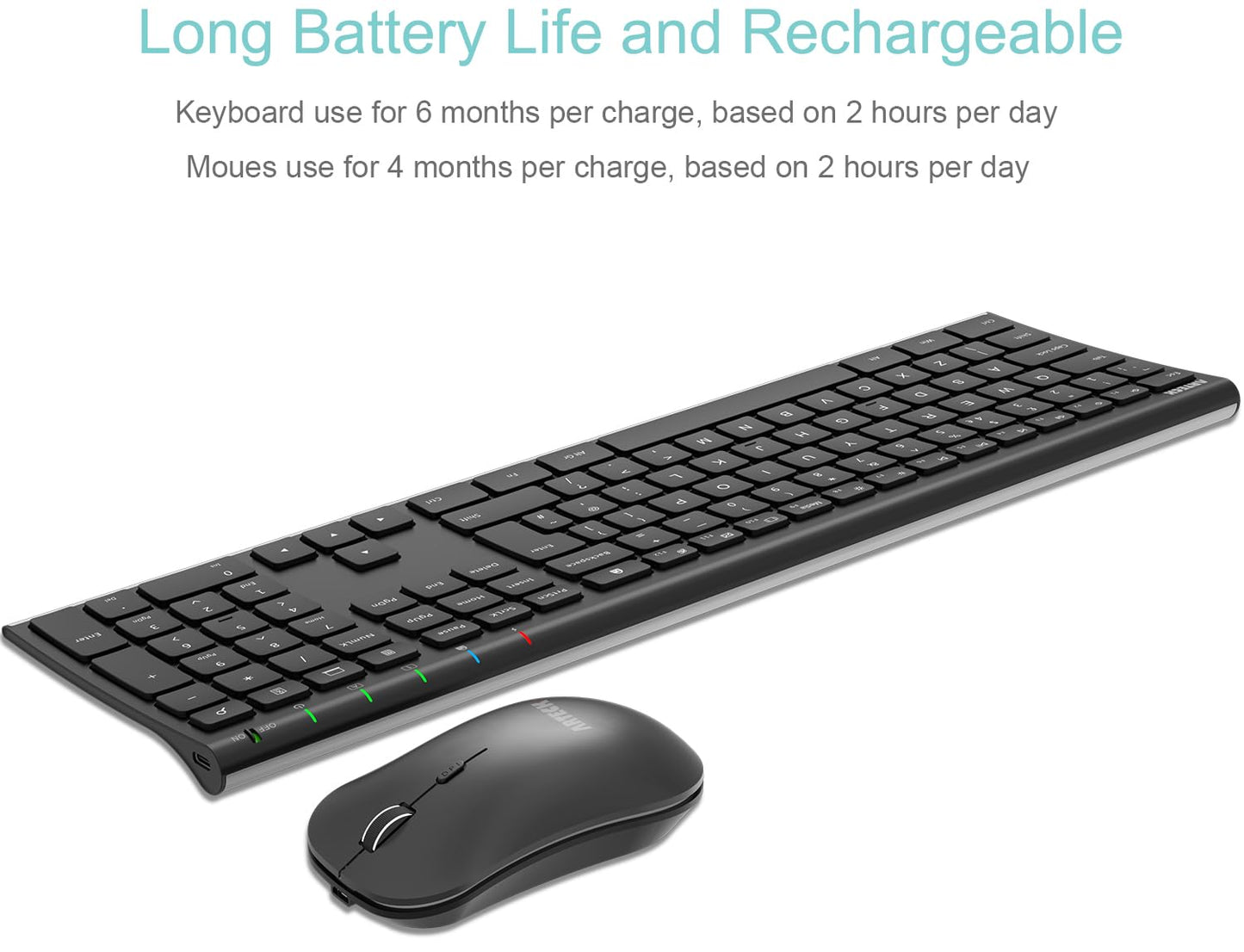 Arteck 2.4G Wireless Keyboard and Mouse Combo Stainless Steel Ultra Slim Full Size Keyboard and Ergonomic Mice for Computer Desktop PC Laptop and Windows 10/8/7 Build in Rechargeable Battery