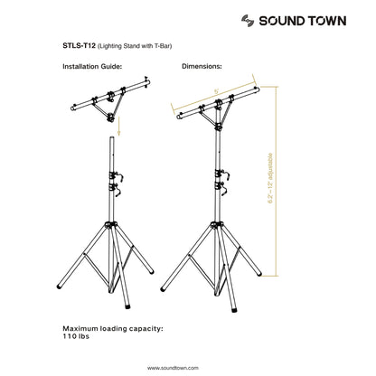 Sound Town 2-Pack DJ Lighting Stand, Height Adjustable, 12 ft Tall, with T-Bar and Tripod Base (STLS-T12-PAIR)