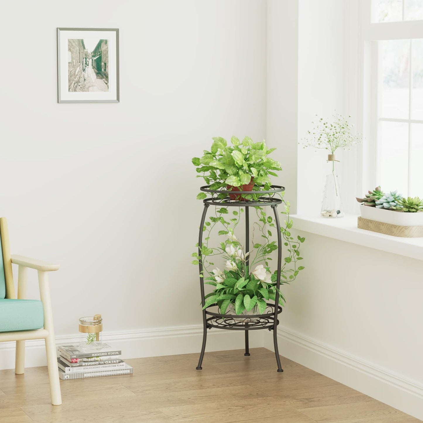 MissYolo Plant Stand Indoor Outdoor, 2 Tier 27" Tall Metal Plant Stand Shelf, Heavy Duty Flower Pot Shelf for Corner, Patio, Garden, Office, Living Room