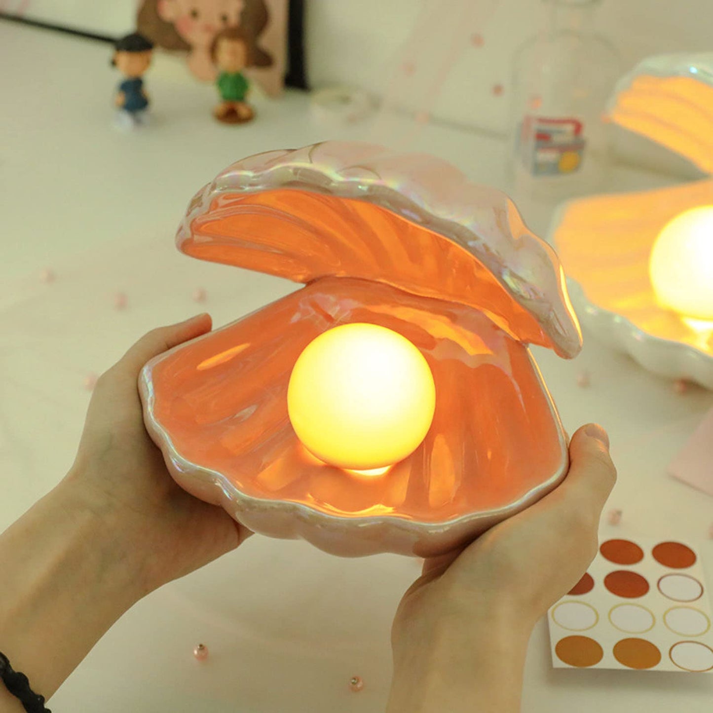 BinaryABC Ceramics Shell Pearl Light Led Lamp Portable Night Light Tabletop Light,Christmas Gift(Pink)