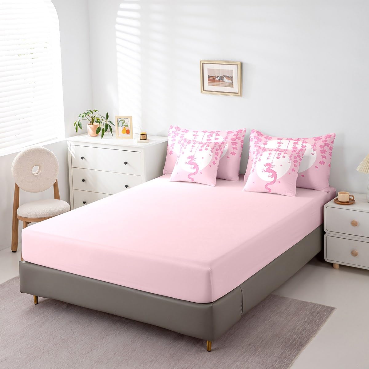 Erosebridal Pink White Kawaii Bedding Set for Kids Girls Teen Women,Fantasy Animal Dragon King Comforter Set 7 Piece Magical Wildlife Bed in A Bag Aesthetic Romantic Cherry Blossom Bed Set