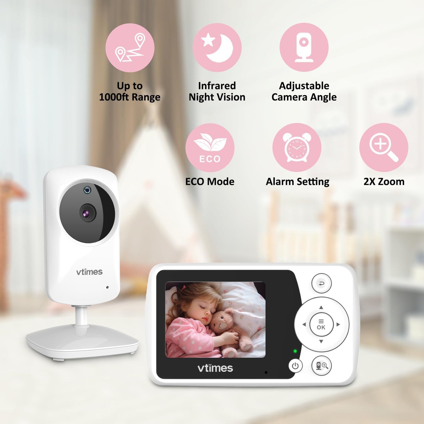 VTimes Baby Monitor with Camera and Audio, 2.4" LCD Screen Video Baby Monitor No WiFi Night Vision, Portable Baby Camera Monitor VOX Pan-Tilt-Zoom Alarm and 1000ft, Ideal for Baby/Elderly/Pet