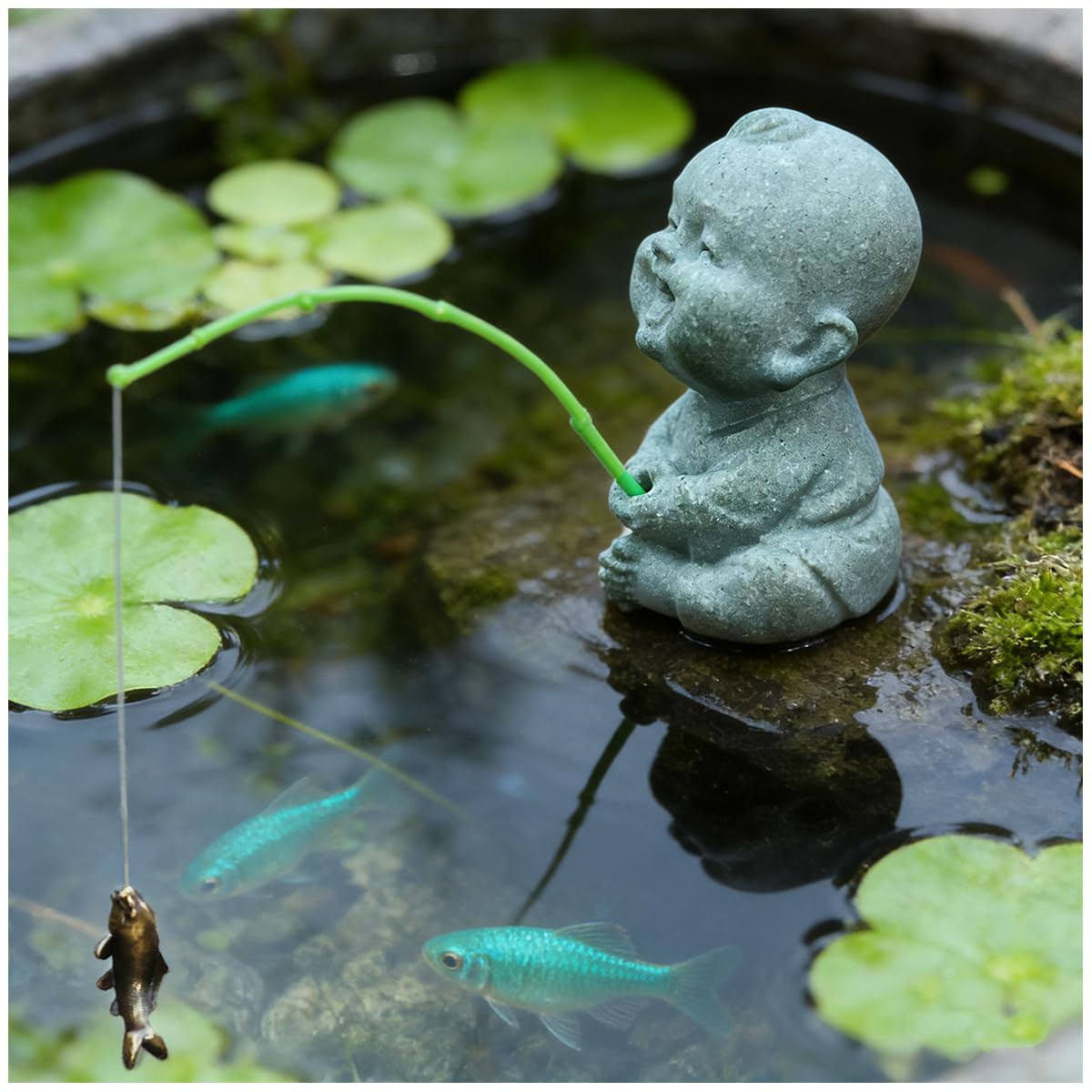 Aquarium Mini Fisherman Statue Japanese Little Fishing Figurines for Fairy Garden Aquarium Pond Bonsai Fish Tank Accessories Decor (A)