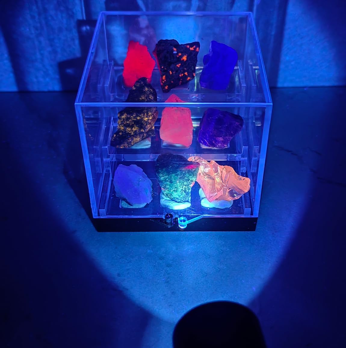 Fluorescent Mineral Specimens, Glowing Under UV, Rare Collectibles, 9 Glowing Rocks with Display Case