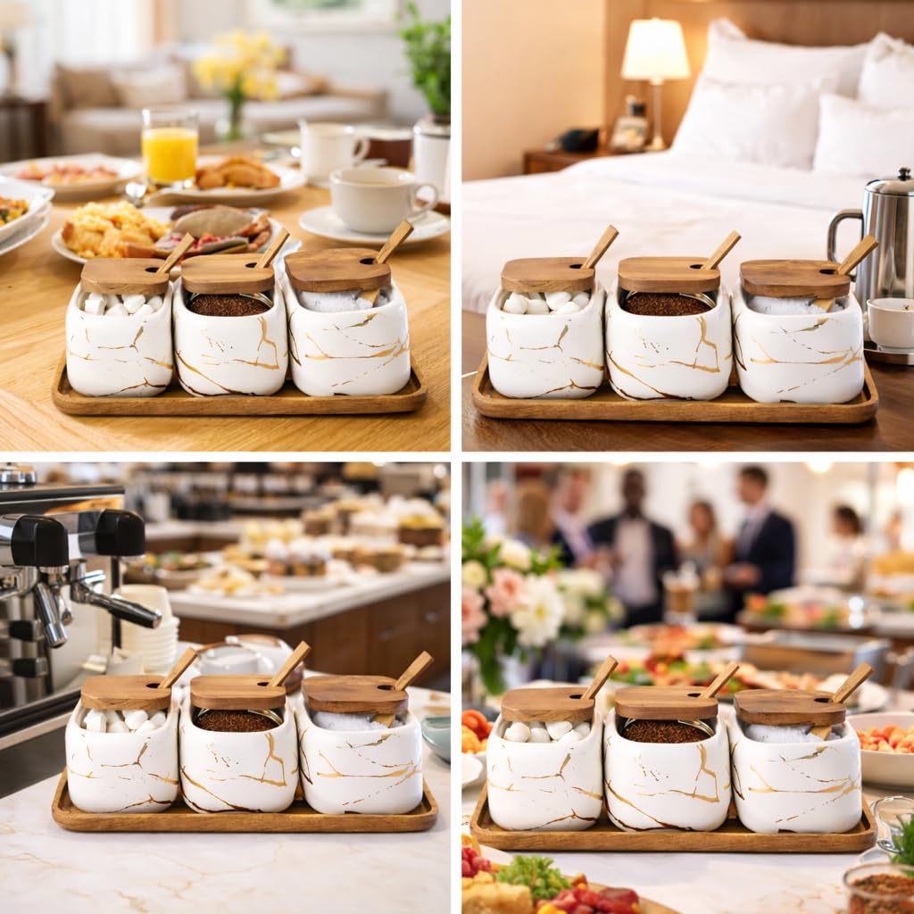 KIDYBELL Ceramic Spice Jars Porcelain Condiment Jars Set Marble Ceramic Seasoning Box 3pcs Condiment Pots for salt, sugar, pepper Kitchen Seasoning Condiment Jar Set