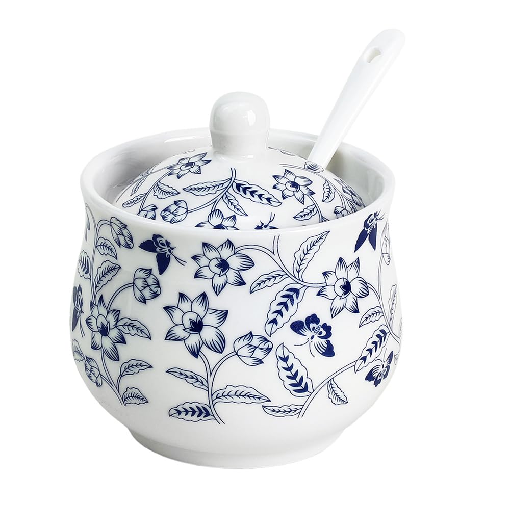 Ceramic Sugar Bowl Blue and White Flower Jar Salt Pepper Storage Jar