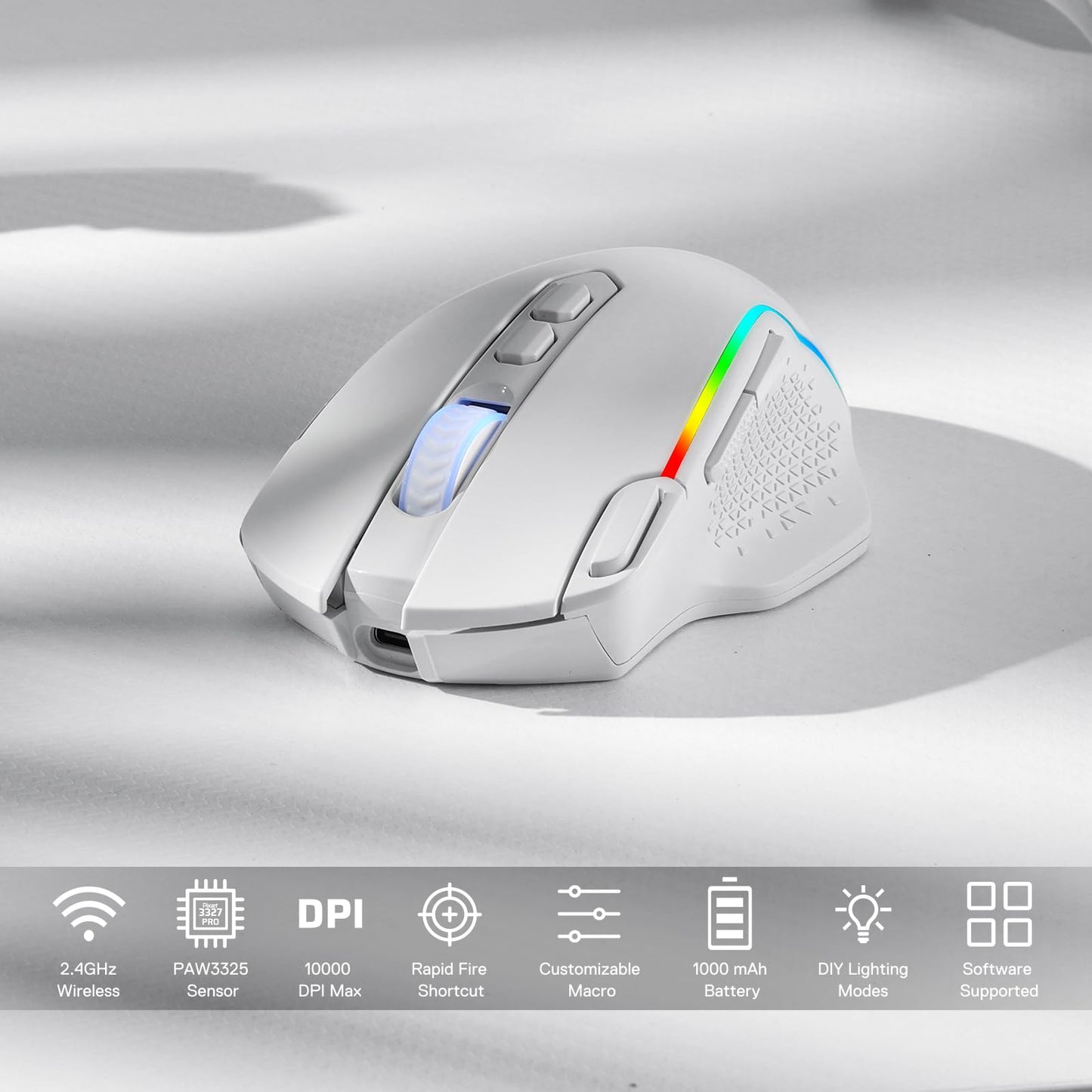 Redragon M810 Pro Wireless Gaming Mouse, 10000 DPI Wired/Wireless Gamer Mouse w/Rapid Fire Key, 8 Macro Buttons, 45-Hour Reliable Power Capacity and RGB Backlit for PC/Mac/Laptop