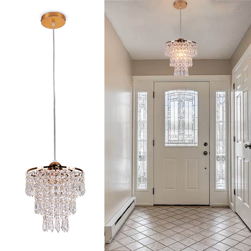 FRIXCHUR Small Gold Chandeliers Flush Mount Chandeliers Ceiling Lights for Girls Bedroom Modern Raindrop Crystal Hanging Light Fixture for Hallway Dining Room Kids Room E26