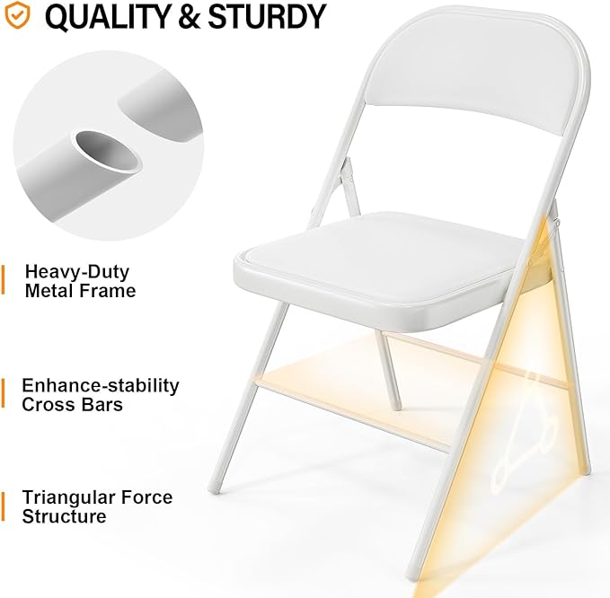 VINGLI 4 Pack Folding Chairs with Padded Seats, Metal Frame with Pu Leather Seat & Back, Capacity 350 lbs, White