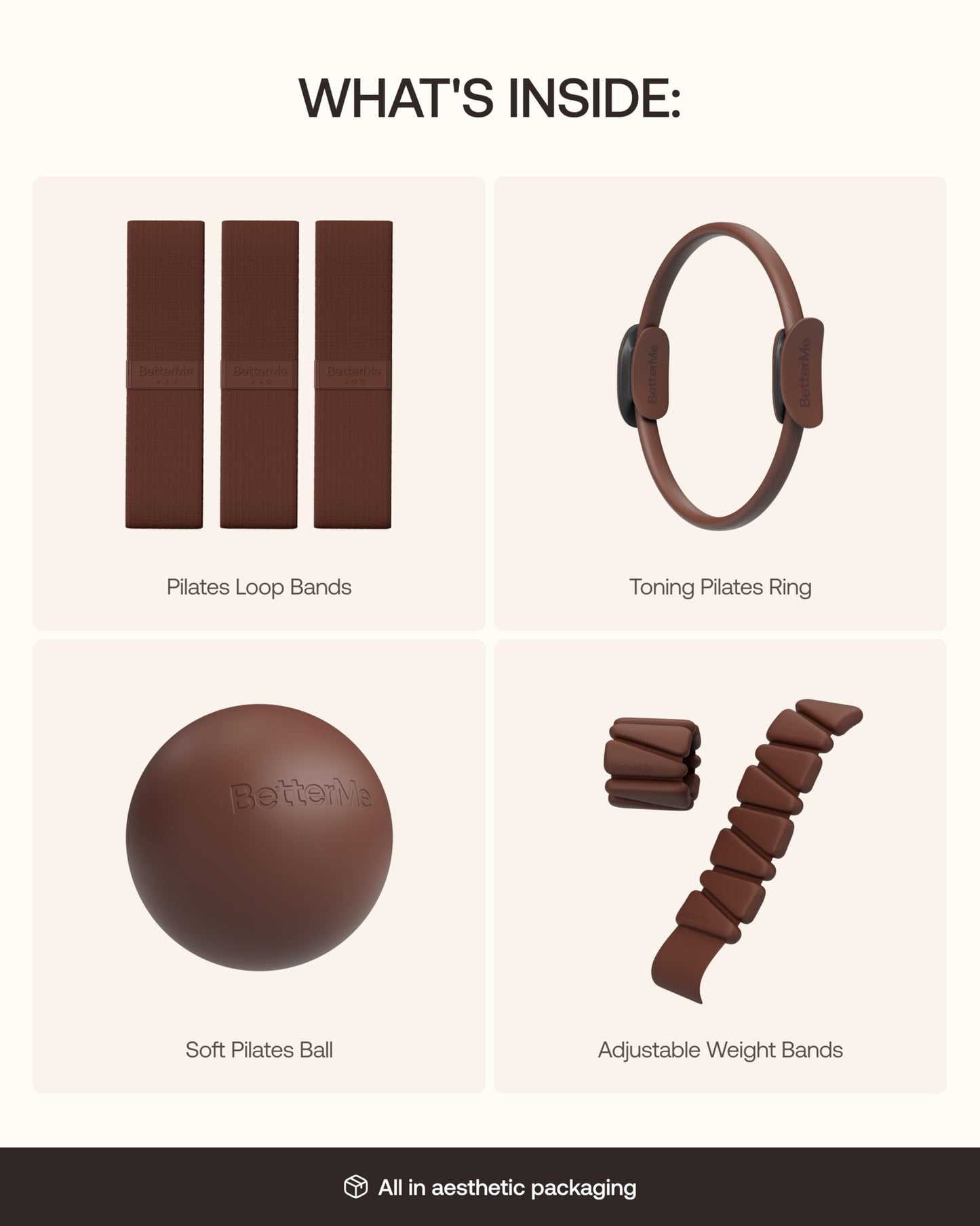 BetterMe Bubble Butt Kit – Pilates Ring, Weight Bands, Soft Ball & Loop Bands – Glute Training Pilates Kit for Women – Home Workout Pilates Equipment Set (Chocolate Brown)