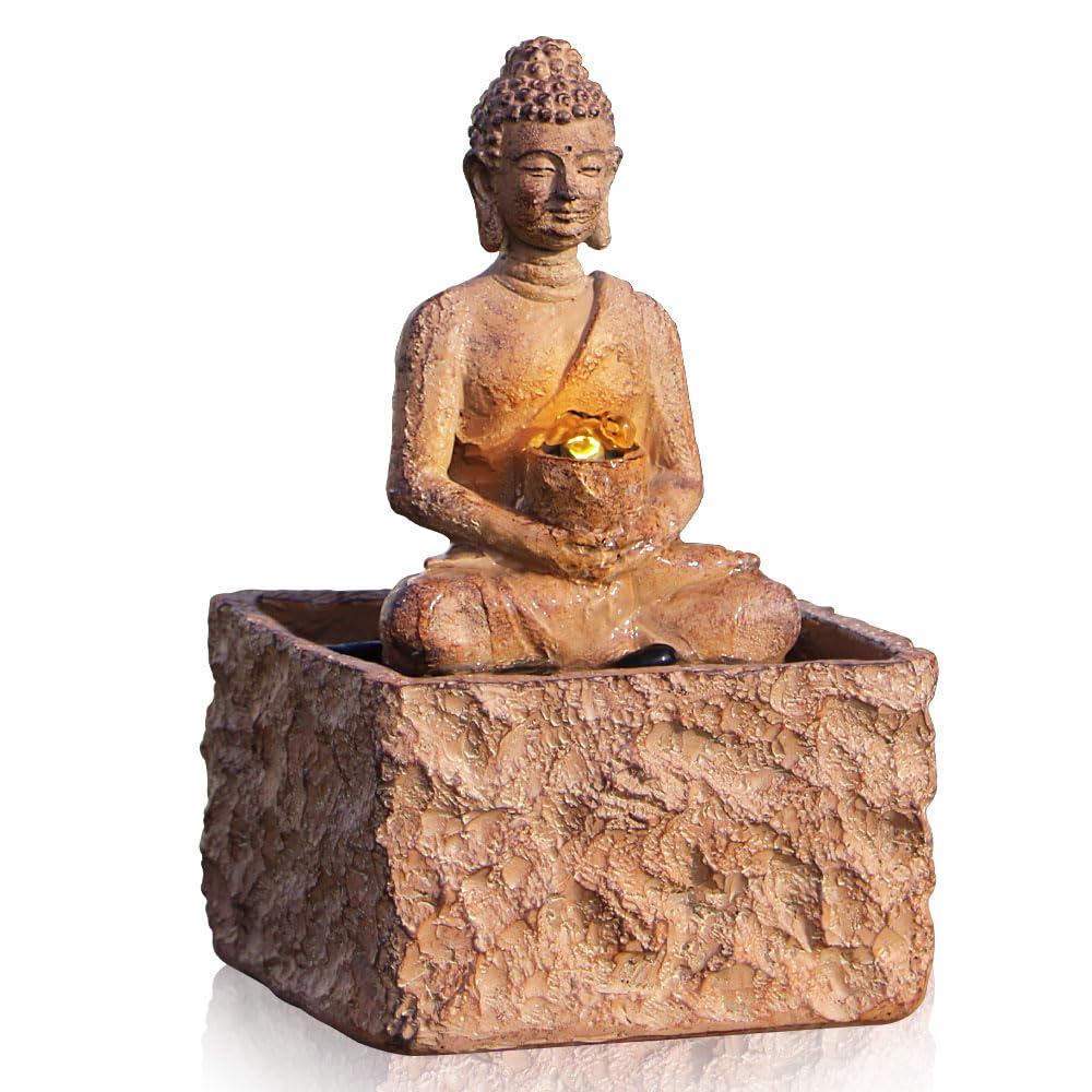 Indoor Tabletop Fountain, Zen Buddha Statue with LED Light Waterfall Fountain, ON/Off Switch with Pebbles, Modern Desktop Water Feature, Meditation Relaxation Decor for Home Office (Buddha Brown)