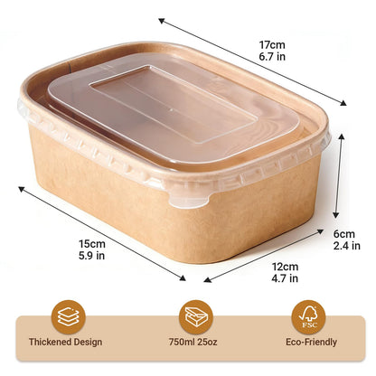 ganfaner 25 oz Disposable Bowls with Lids, 200 Sets Kraft Paper Bowls Square, Disposable Meal Prep Food Container with Sealing Lid, Microwave Safe Leakproof is Perfect for Party Lunch Hot Soup