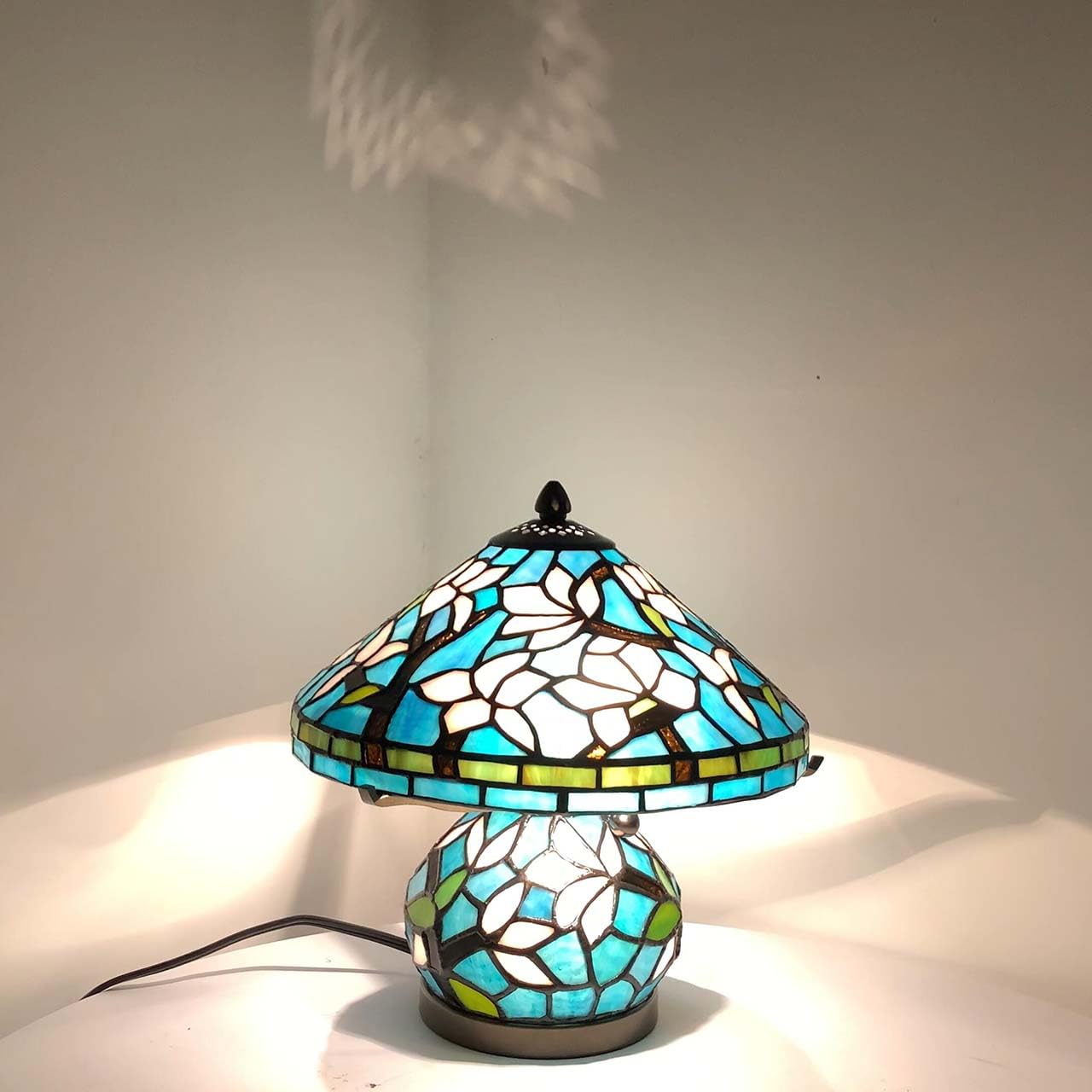 Bieye L10905 Tiffany Style Stained Glass Mushroom-Shaped Double Lit Table Lamp for Home Decor (10-inch, White Magnolia)
