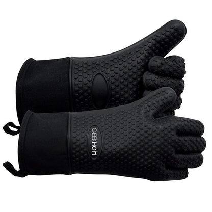 GEEKHOM BBQ Gloves, Grilling Gloves Heat Resistant Oven Gloves, Kitchen Silicone Oven Mitts, Long Waterproof Non-Slip Pot Holder for Barbecue, Cooking, Baking, Black