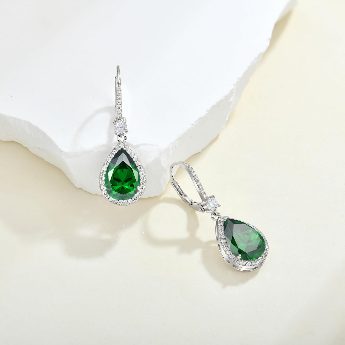FYNSBLE Dangle Drop Earrings for Women,Sterling Silver Emerald Birthstone Leverback Earrings Hypoallergenic Jewelry for Women