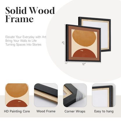 4 Piece Framed Abstract Boho Wall Art Set, Modern Mid Century Canvas Picture Wall Decor, Minimalist Geometric Orange and Brown Paintings Prints for Living Room Bedroom Hallway, 12x12 Inch