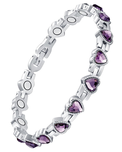 Jecanori Magnetic Bracelet for Women - Titanium Steel Wristband with Sparkling Heart-shaped Cubic Zirconia, Women's Bracelet with Removal Tool & Gift Box, Purple