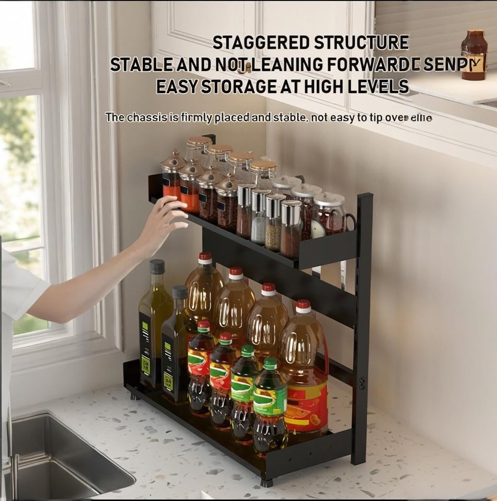 3-Tier Spice Rack Organizer with Knife Holder, Black Metal Counter Storage Shelf, 15.75x15.5x6.69 Inch, Adjustable Height, Detachable Design