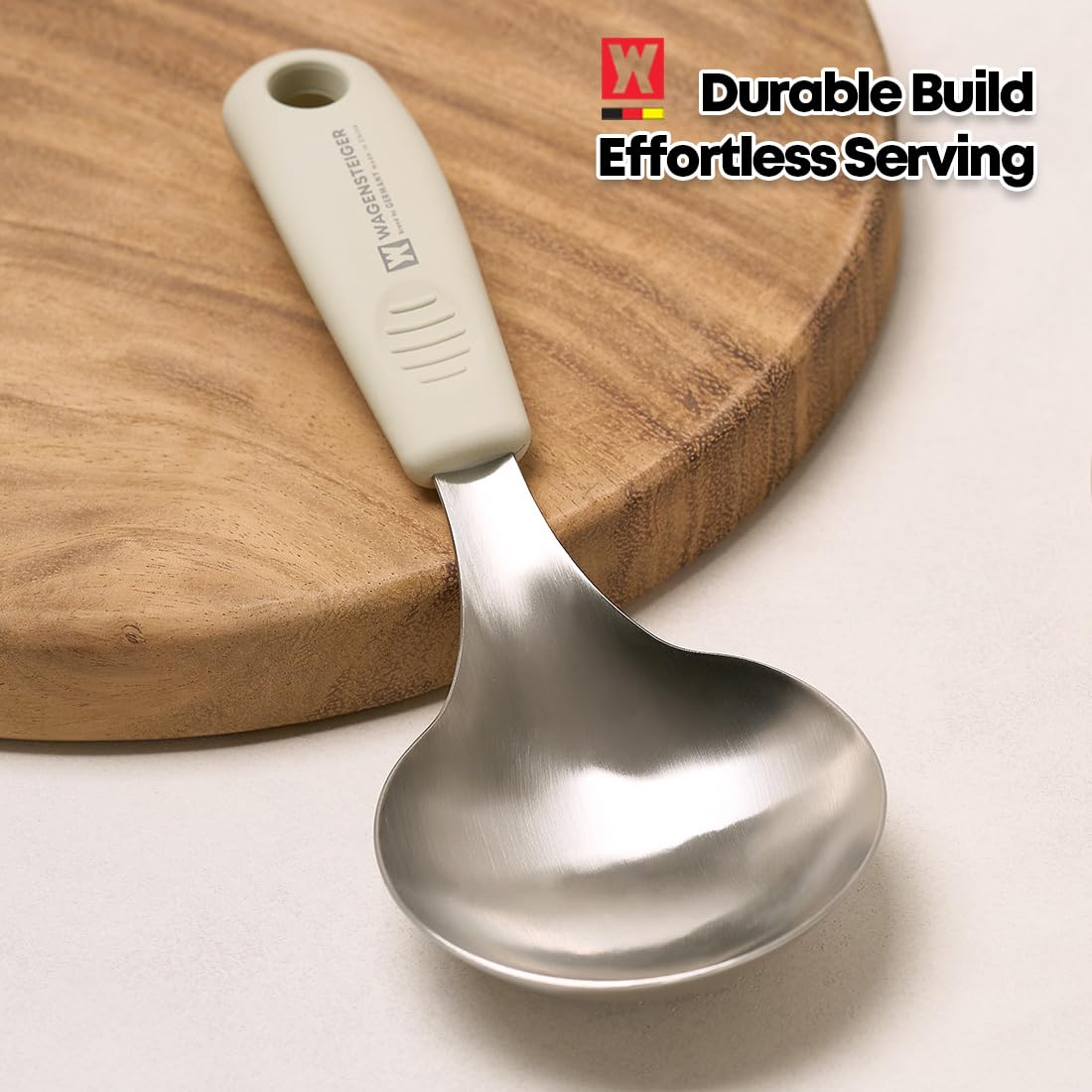 Short Stainless Steel Ladle 220mm (8.6”) – SUS304 Thick Deep Bowl Head with Soft-Grip Silicone Handle – Lightweight Mini Soup & Serving Spoon for Cooking – 5 Color Options (Ivory)