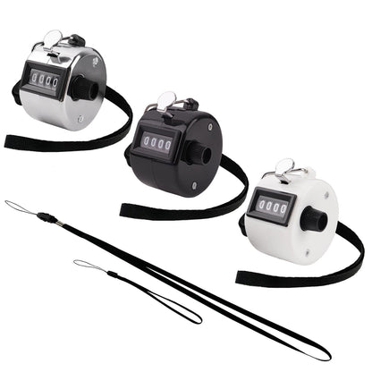 BGJRBY 3 Pack Hand Tally Clicker Counter 4 Digit Display Mechanical Palm with Metal Finger Ring for Coaching, Knitting, Lap, Fishing, Golf and Row Sport with 2-Nylon Lanyard (Black White Silver)