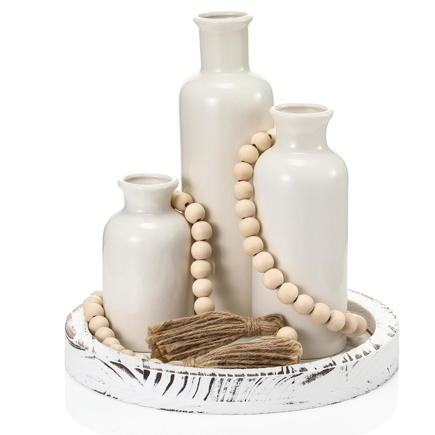 Tiangrid 5 Pcs Rustic Country Tabletop Centerpieces Decor Set of 3 Boho Ceramic Vases with Wooden Serving Tray Wood Bead Garland Tassels Table Holder for Home Decorations(White)