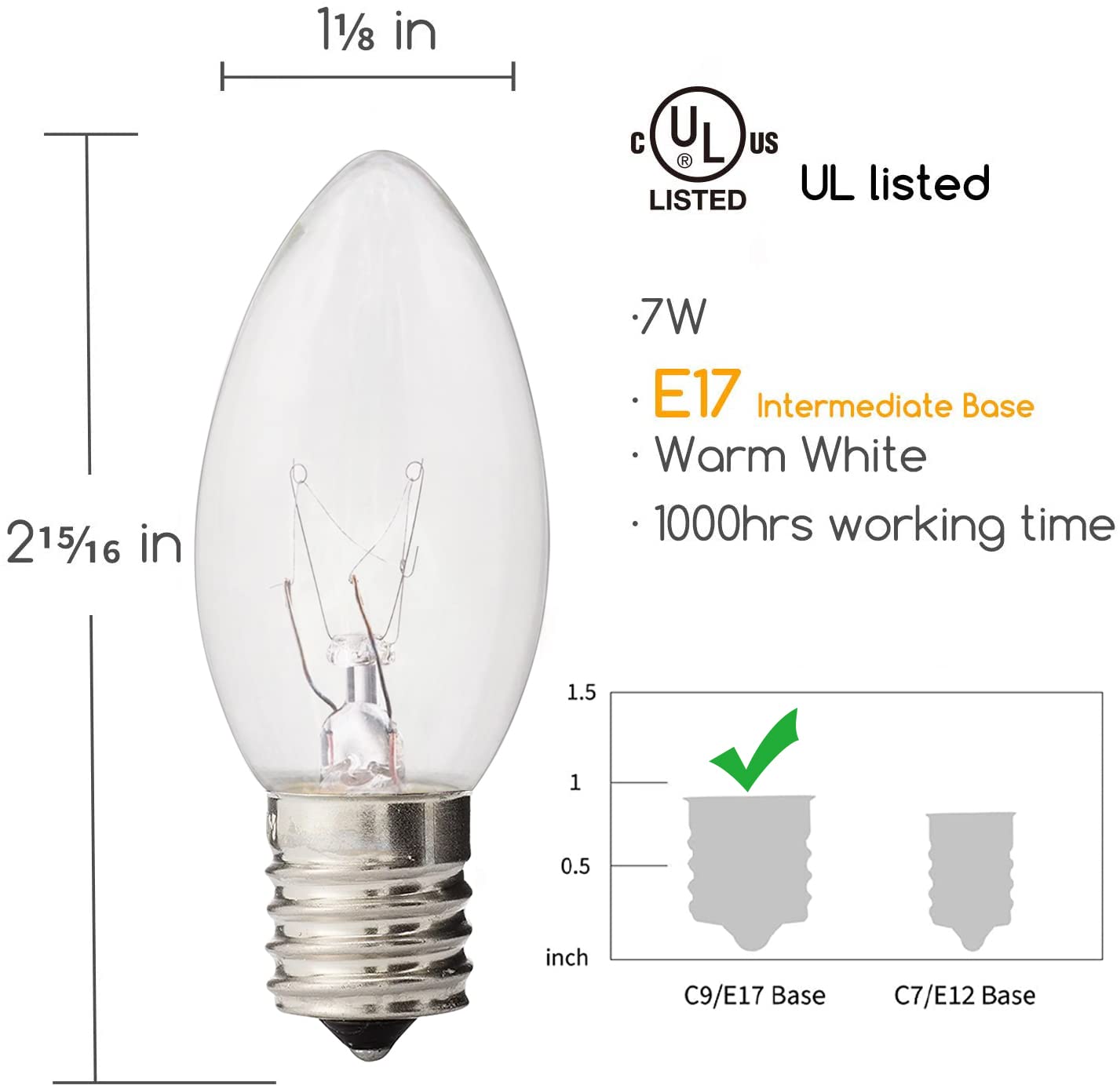 Abeja 25 Pack C9 Incandescent Replacement Bulb C9 Christmas Light Bulb for Holiday Party Christmas Decorative String Light E17 Intermediate Base 7w Clear Bulb