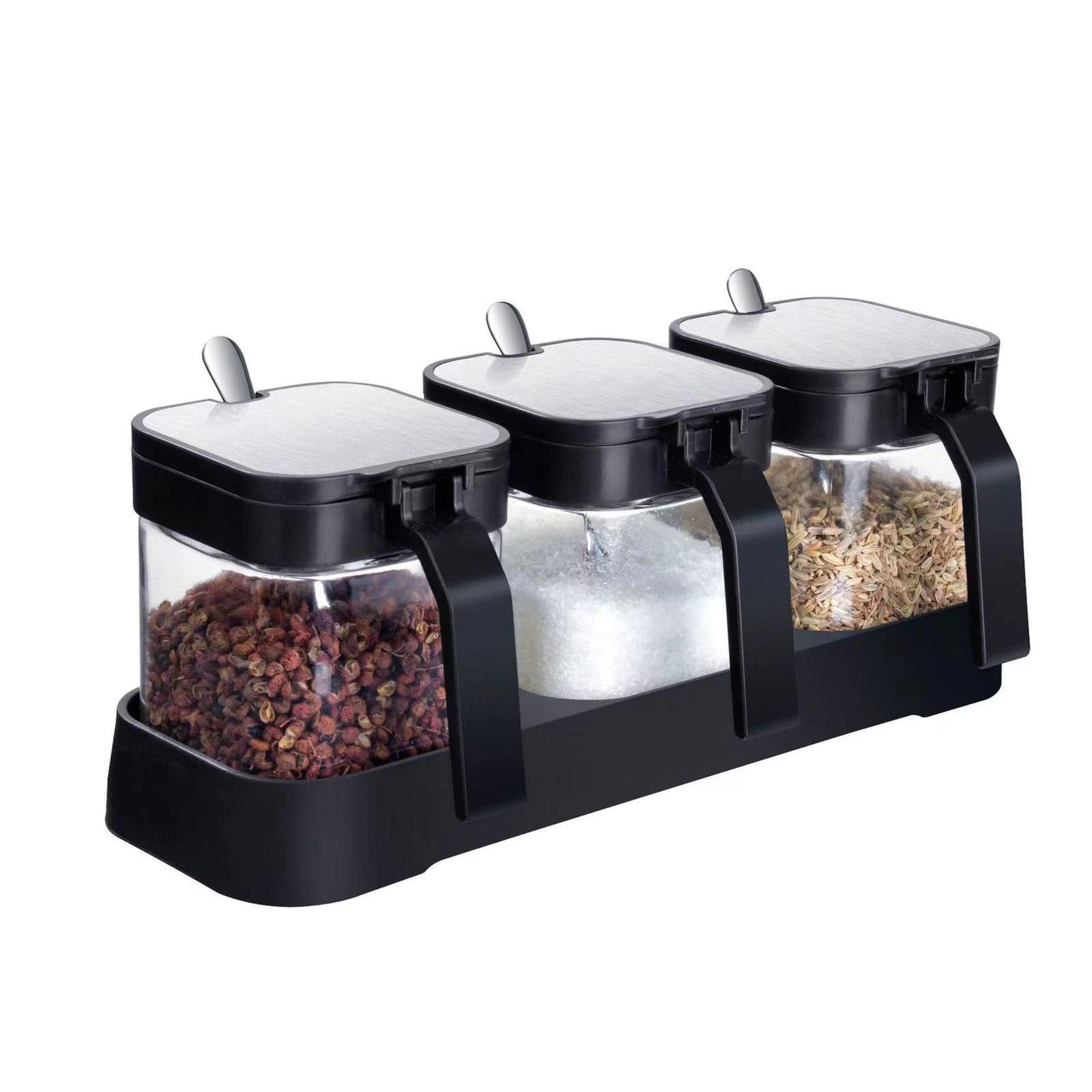 W WBLD Glass Condiment Jar Spice Container with Lids and Spoons, Square Clear Seasoning Sugar Containers Set with Base, Sugar Pepper Salt Spices Bowl for Kitchen Countertop,3pcs