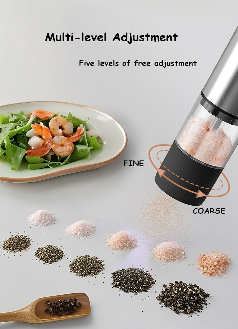 PONDI USB-C Rechargeable Electric Salt & Pepper Grinder Set (2 Pack) – One-Handed Automatic Mills with LED Battery Indicator & 5 Adjustable Coarseness Levels, Stainless Steel
