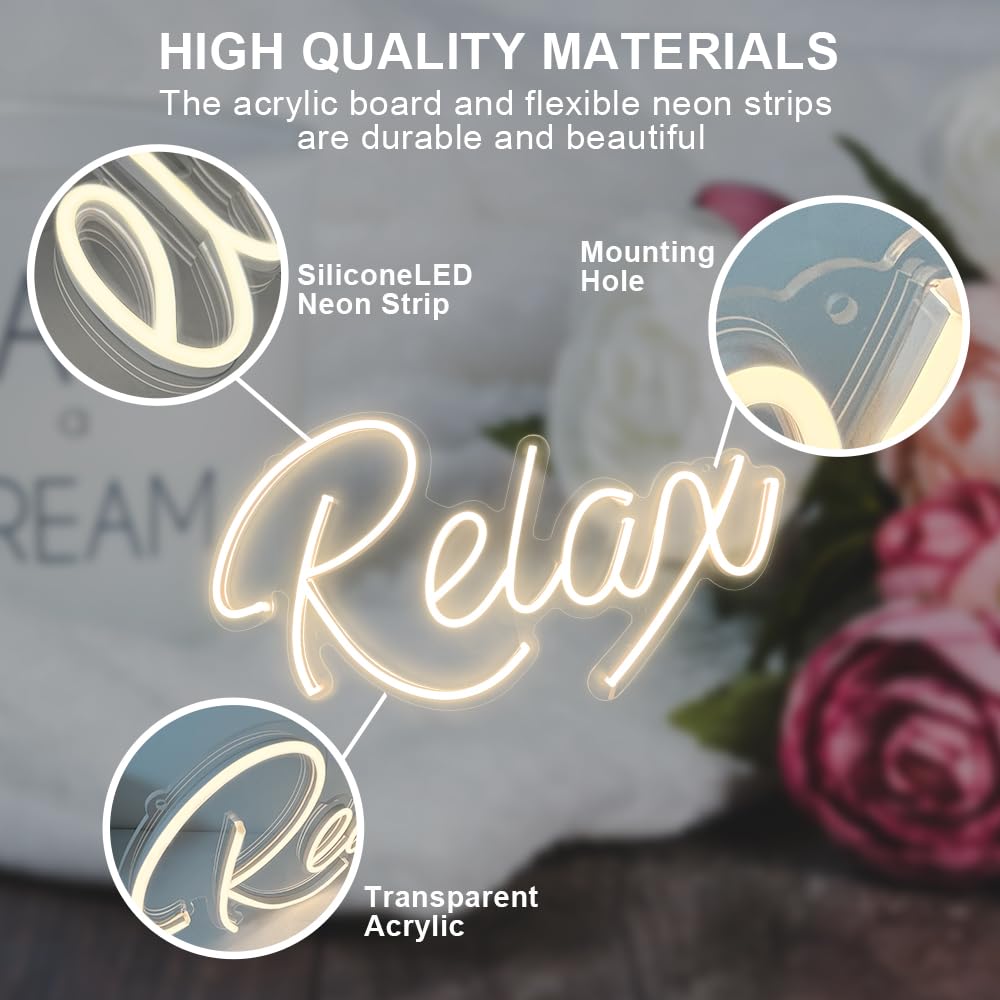 Relax Neon Sign Unique Art Ornaments with Dimmable Switch, 5V USB Powered Cool Neon Relax Signs for Wall Decor, Bedroom, Living Room, Bathroom Decoration Valentine's Day SPA Decor (Warm White)