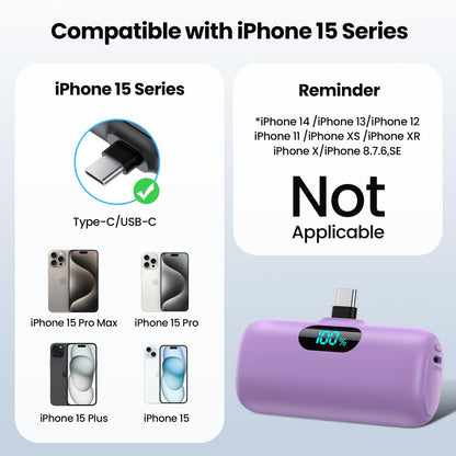Mini Portable Charger USB C Power Bank,Upgraded 5000mAh PD Fast Charging Battery Pack Built-in USB-C Connector,LCD Display,Compatible with iPhone16,16 Plus,16Pro/Max/15,iPad Pro/Air,Android Phone etc