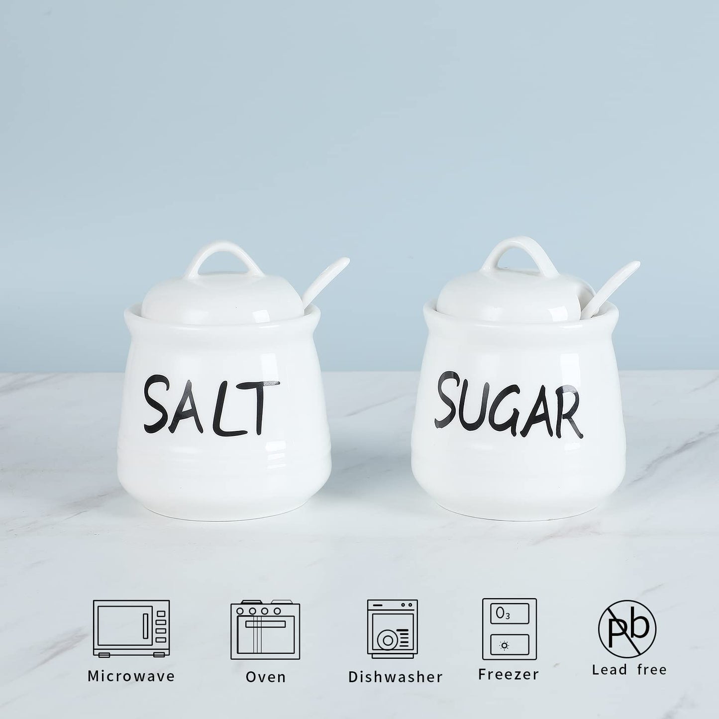 Salt and Sugar Bowls with Lid and Spoon -12 oz Ceramic Salt and Sugar Cellar Set, Salt and Sugar Containers, Spice Box for Counter, Farmhouse Kitchen Decor, White