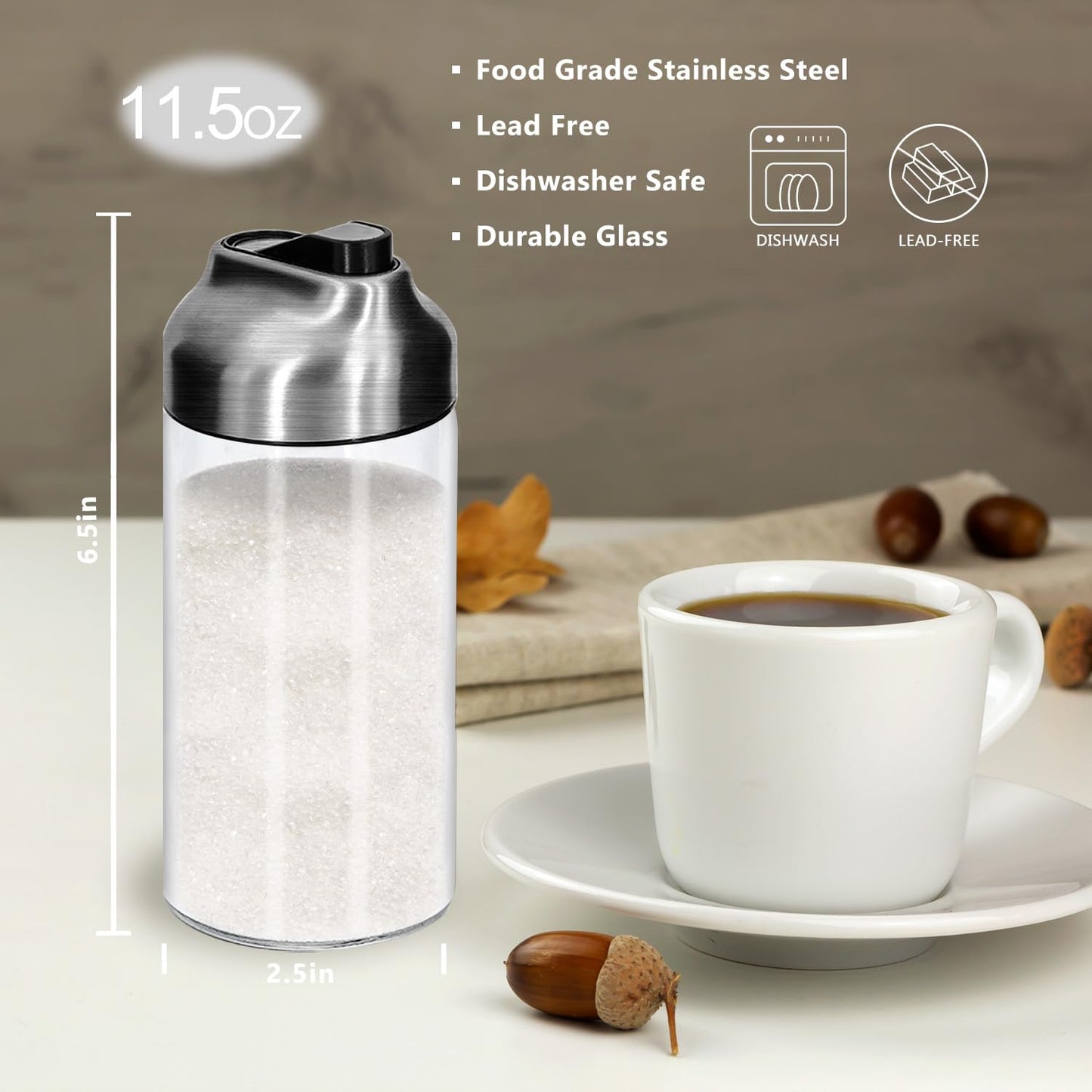 Aelga 12 OZ Glass Sugar Dispenser with Pour Spout, Weighted Pourer, for Coffee, Tea & Baking, 2 Pack
