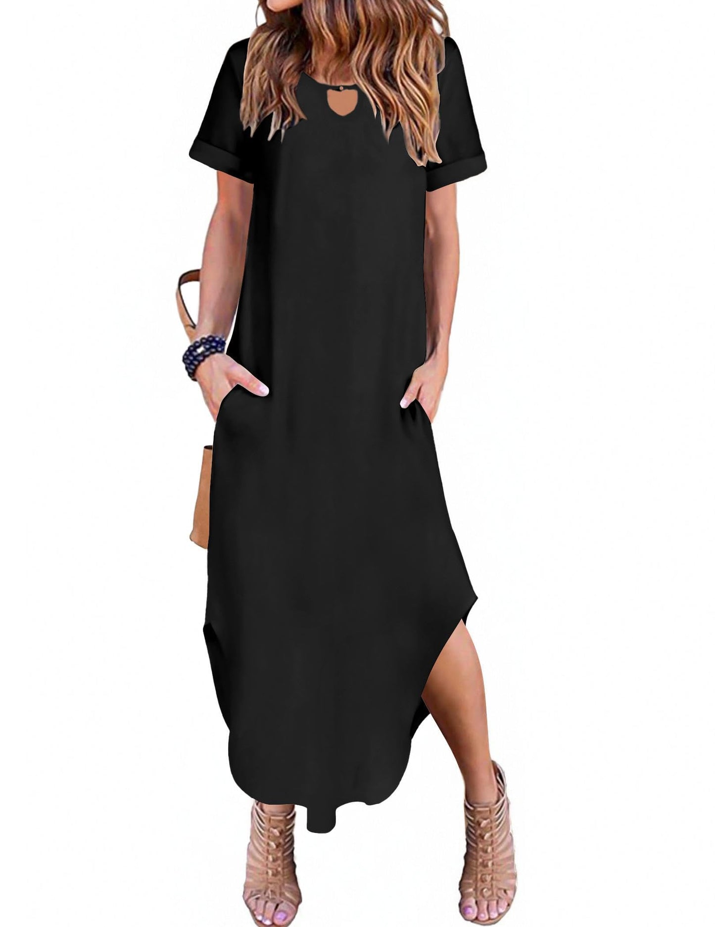 Zeagoo Womens Maxi Summer Dress with Pockets Casual Short Sleeve Sundress Trendy 2025 Curve Hem Long Dresss