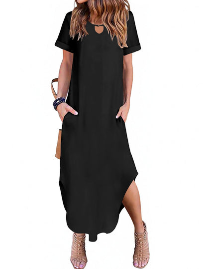Zeagoo Womens Maxi Summer Dress with Pockets Casual Short Sleeve Sundress Trendy 2025 Curve Hem Long Dresss