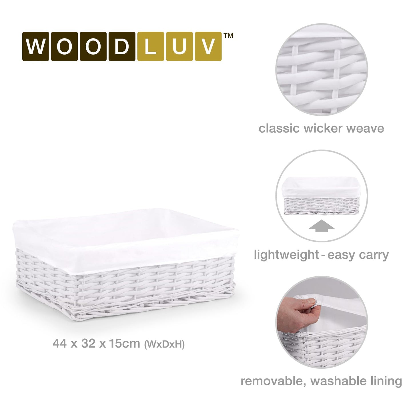 woodluv New White Wicker Storage Basket With White Cloth Lining (Large)