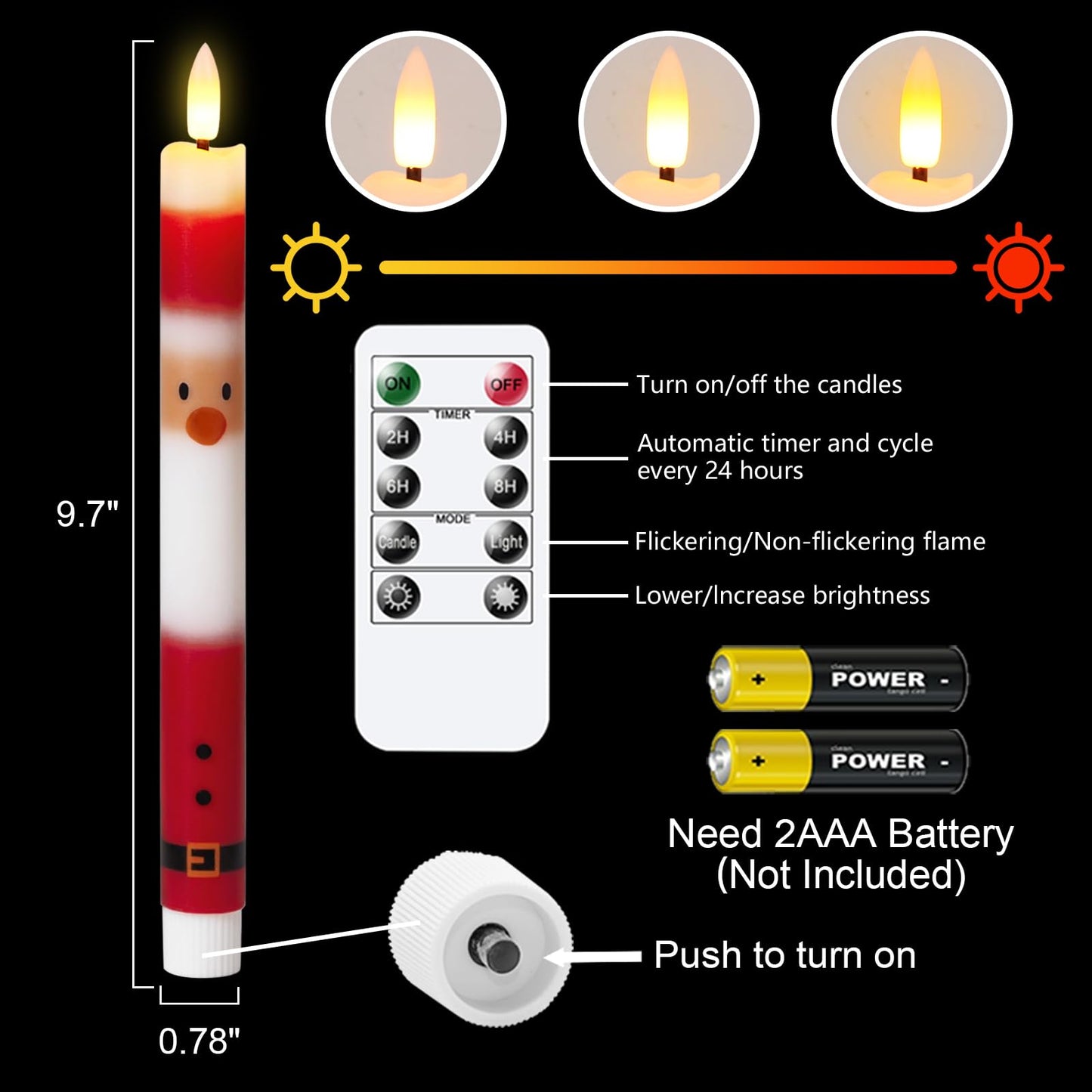Wondise Christmas Santa Flameless Taper Candles with Remote Timer, Real Waxy Battery Operated Flickering Candlesticks 3D Wick LED Candles 9.6inch for Halloween Christmas Thanksgiving Decoration