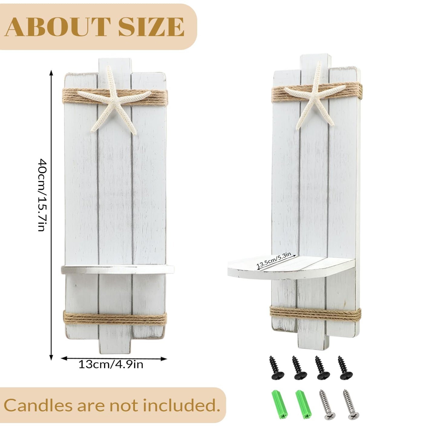 Fangoo 2Pack 15.7 Inch Natural Starfish Wooden Wall Candle Sconces Coastal Wall Decor Ocean Wall Candle Holder Beach Bathroom Decor Farmhouse Hanging Art Bedroom Gifts (White)