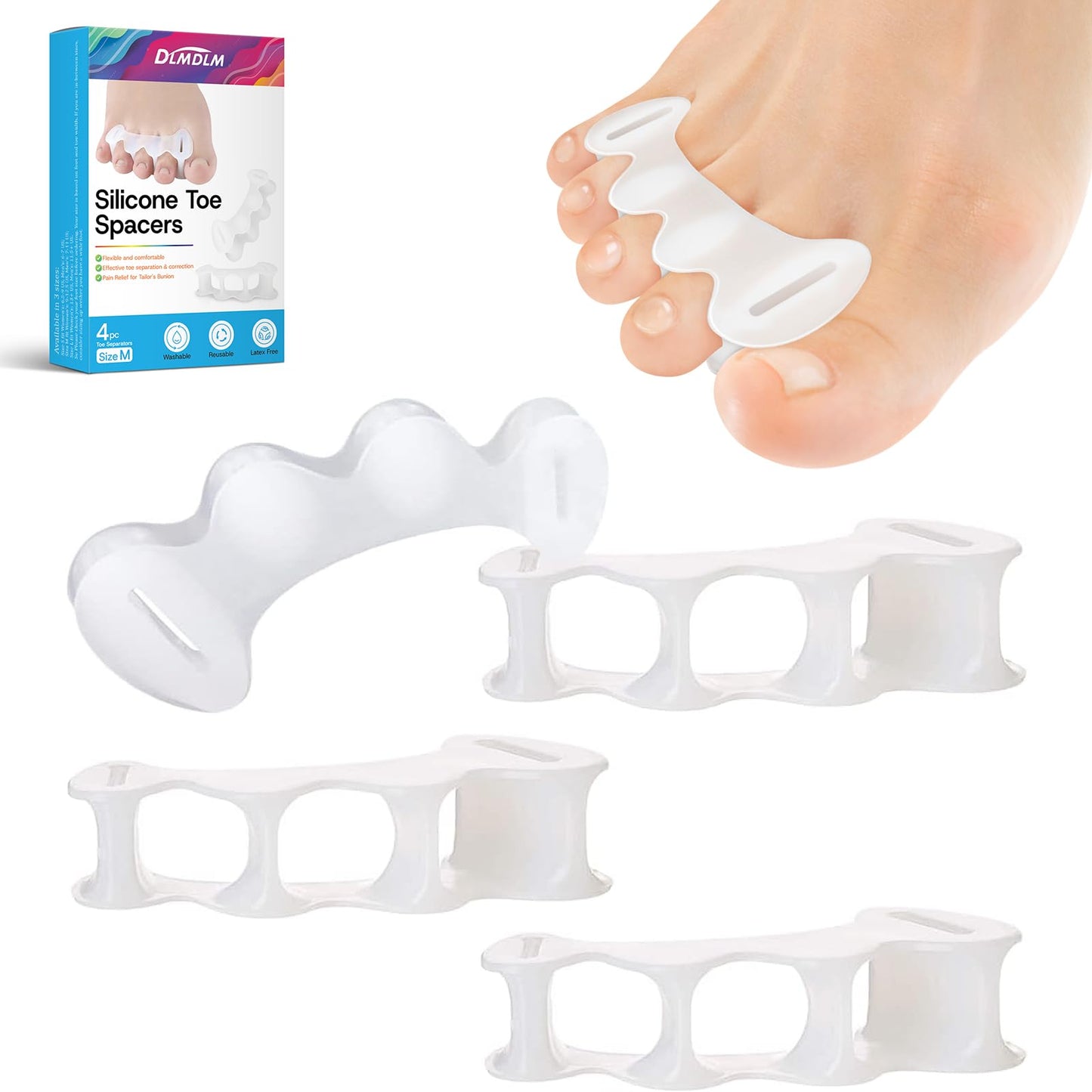 DLMDLM 2 Pairs Gel Toe Spacers for Men & Women, Bunion Corrector & Hammertoe Relief, Improve Foot Alignment, Support Plantar Fasciitis & Daily Wear (Medium)