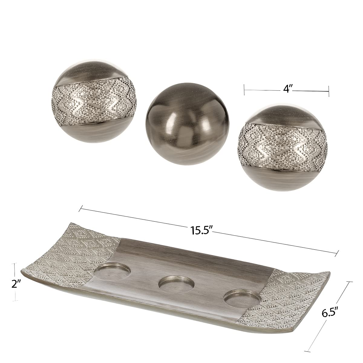 Creative Scents Dublin Silver Centerpiece Tray with three matching orbs and a set of three vases – perfect for coffee table decor in the living room or dining room