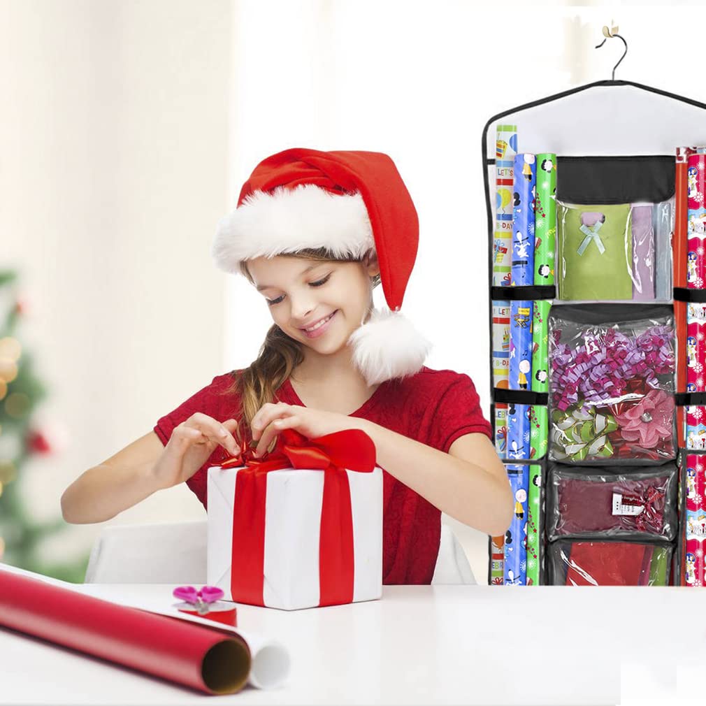 Primode Wrapping Paper Storage Hanging Over the Door Wrapping Paper Organizer Store Gift Wrap Gift Bags Ribbon Bows and Accessories 40”x17” Fits Long 40 Inch Rolls Double Sided Bag (Black Seam)
