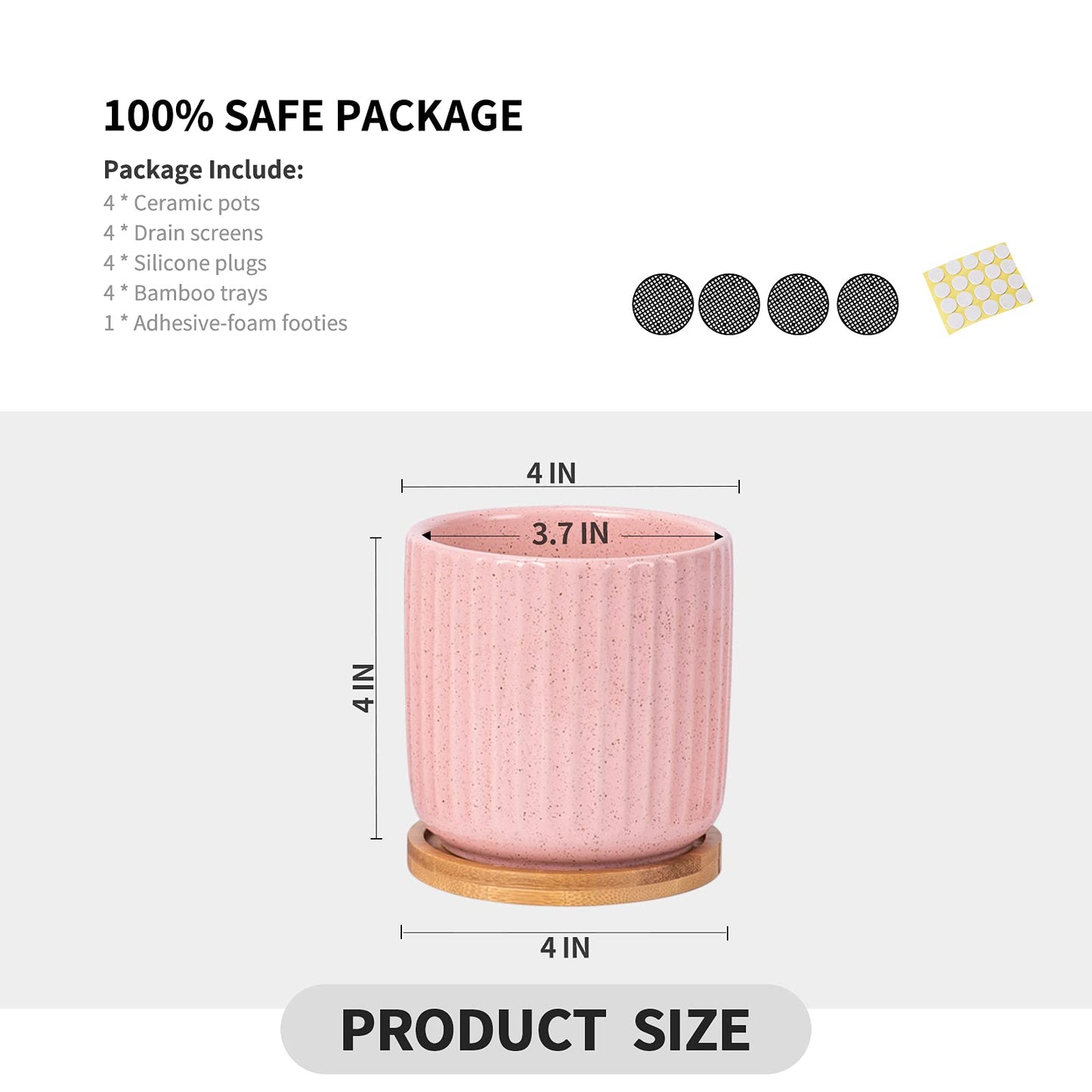 OMAYKEY 4 Inch Ceramic Plant Pot with Saucer, Adorable Stripe Multicolor Small Planters Pots with Drainage Hole & Mesh Pads for Succulent, Snake Plants, Cactus, Herbs - Set of 4