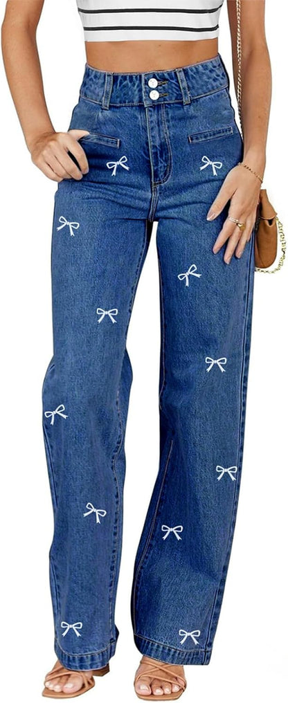 Sidefeel Women's Jeans High Waisted Straight Leg Stretchy Jeans Trendy Welt Pockets Loose Wide Leg Zimbaplatinum Denim Pants