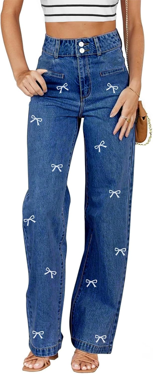 Sidefeel Women's Jeans High Waisted Straight Leg Stretchy Jeans Trendy Welt Pockets Loose Wide Leg Zimbaplatinum Denim Pants