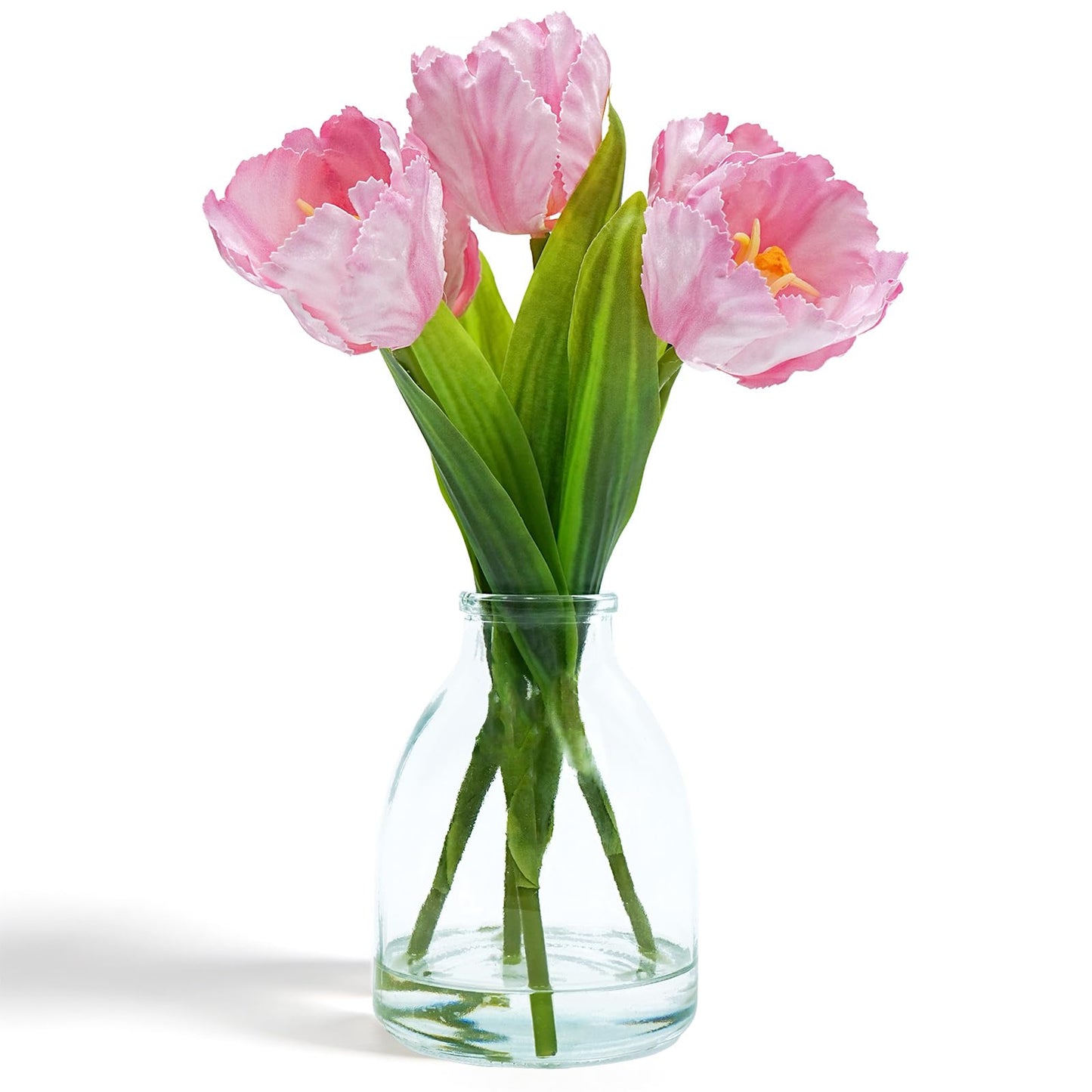 EVERLNESTIO 3D Printed Real Touch Artificial Flowers with Vase, 5 Pcs Pink Parrot Tulips Arrangement, Ruffled Edges Silk Tulip Floral Centerpieces for Dining Table, Home Office Aesthetic Room Decor